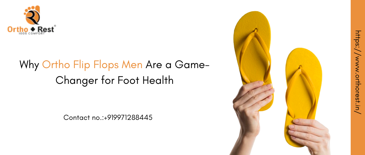 Ortho Rest men’s yellow flip flops promoting foot health and comfort with brand message display