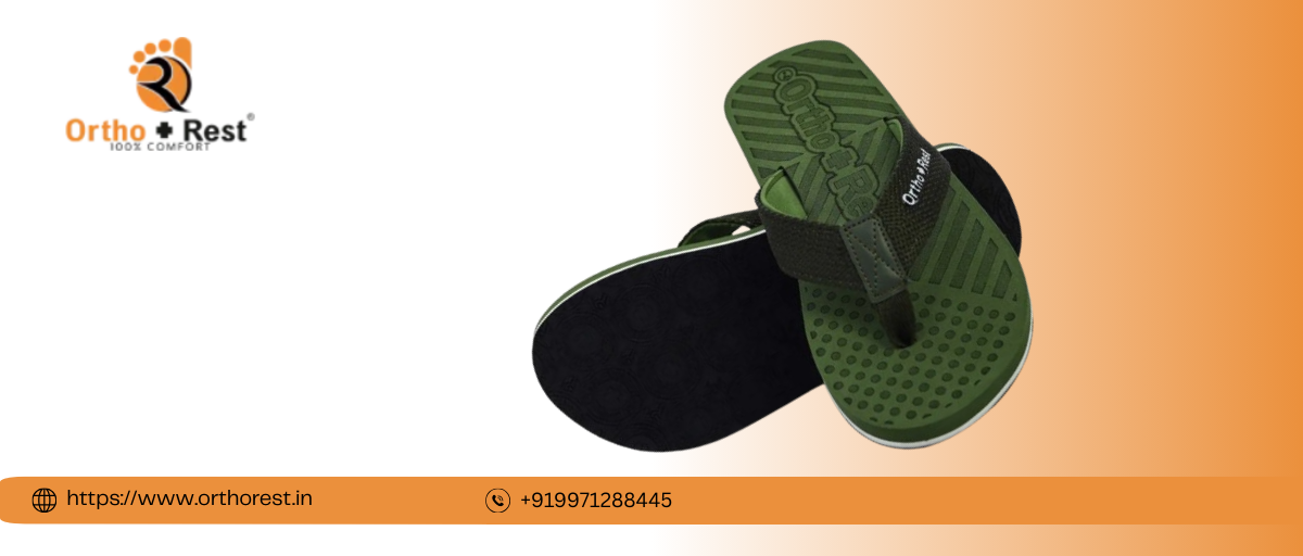 Soft cushioning slippers for men by Ortho+Rest with ergonomic sole and comfort grip design.